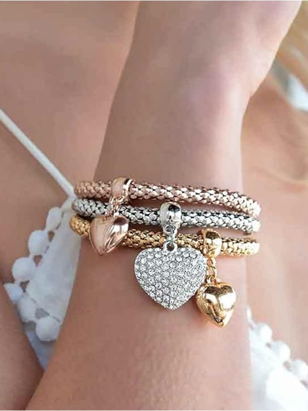 Anthropologie Tri-Tone Heart Charm Bracelet Set in Rose Gold, Silver, and Gold